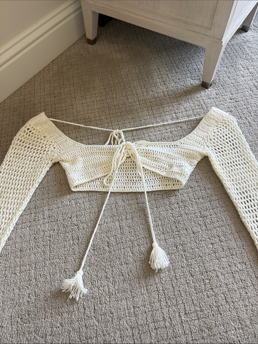 White Fox Boutique Cream Crochet Long Sleeve Crop Top